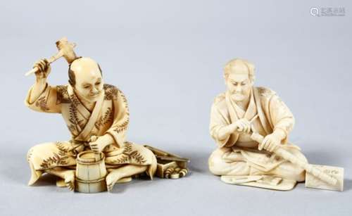 TWO GOOD JAPANESE MEIJI PERIOD CARVED IVORY OKIMONO, the fist of a barrel workman, seated working