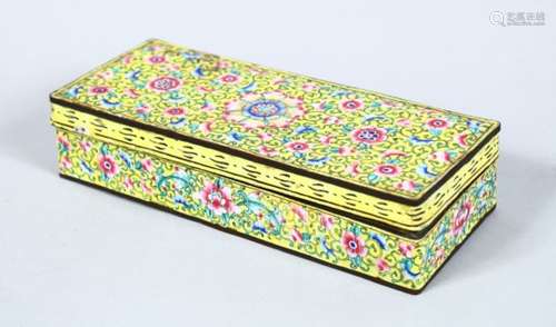 A 19TH CENTURY CHINESE YELLOW GROUND ENAMEL BOX & COVER, the box decorated upon a yellow ground