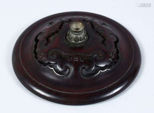 A GOOD QUALITY 19TH CENTURY CHINESE HARDWOOD CENSER COVER, carved and pierced with lotus dcecoration