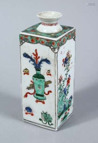 A GOOD CHINESE KANGXI PERIOD FAMILLE VERTE PORCELAIN SQUARE BOTTLE VASE, each side of the vase