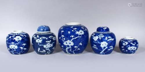 A MIXED LOT OF FIVE 19TH / 20TH CENTURY CHINESE BLUE & WHITE PORCELAIN PURNUS GINGER JARS, two