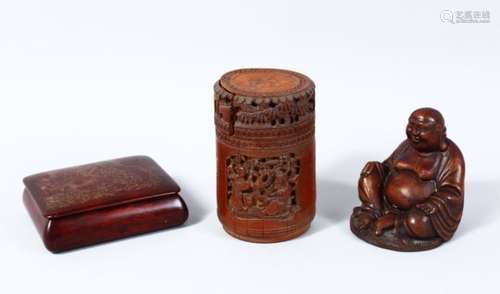 A 20TH CENTURY CHINESE CVARVED BAMBOO LIDDED BRUSH POT, together with a carved hardwood figure of