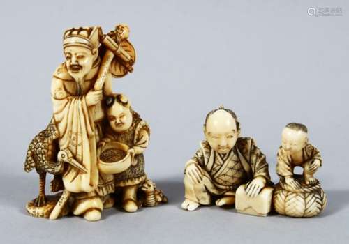 TWO JAPANESE MEIJI PERIOD CARVED IVORY OKIMONO / NETSUKE, the first being a netsuke; a japanese