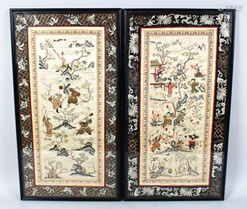 A GOOD PAIR OF 19TH CENTURY INDDO CHINESE EMBROIDERED SILK PICTURES, the pictures depicting scenes