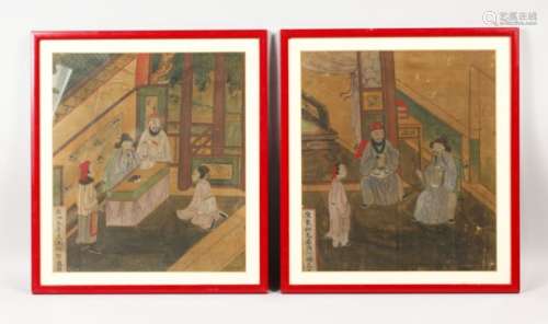 A PAIR OF POSSIBLY 18TH CENTURY CHINESE PAINTINGS ON SILK, framed depicting scenes of interior
