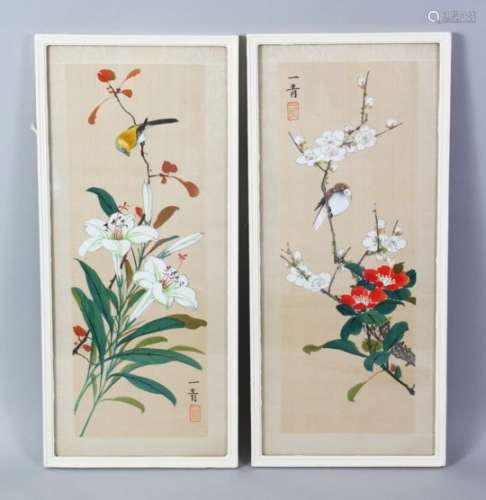A GOOD PAIR OF CHINESE SCHOOL PAINTINGS ON SILK, a bird perched in a prunus tree, with its companion