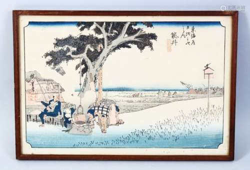 A GOOD JAPANESE MEIJI PERIOD WOODBLOCK PRINT OF FIGURES IN LANDSCAPES, the figures working in a