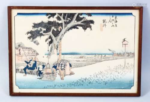 A GOOD JAPANESE MEIJI PERIOD WOODBLOCK PRINT OF FIGURES IN LANDSCAPES, the figures working in a