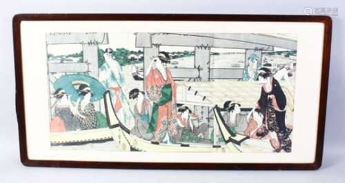A GOOD JAPANESE MEIJI PERIOD WOODBLOCK PRINT FRAMED TRYPTYCH, the framed prints depicting scenes
