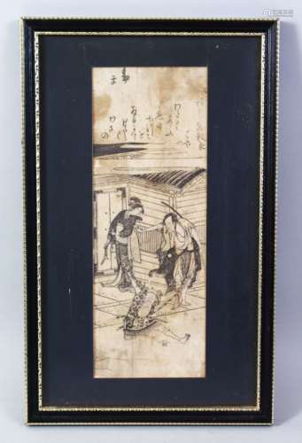 A GOOD JAPANESE MEIJI PERIOD OR EARLIER WOODBLOCK PRINT, depicting two figures in a garden
