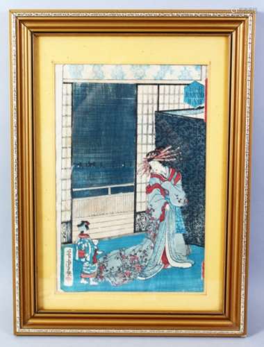 A GOOD JAPANESE MEIJI PERIOD WOODBLOCK PRINT OF A LADY AND CHILD, the picture depicting a lady