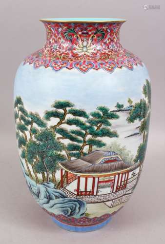 A LARGE CHINESE REPUBLICAN STYLE FAMILLE ROSE PORCELAIN LANTERN VASE, the body decorated with scenes