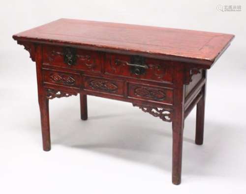A 19TH / 20TH CENTURY CHINESE HARDWOOD & LACQUER ALTER / HALL TABLE, the body of the table with
