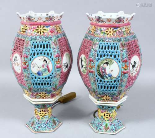 A PAIR OF 19TH / 20TH CENTURY CHINESE FAMILLE ROSE PORCELAIN HEXAGONAL LAMPS, the body pierced and