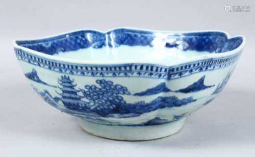 A GOOD CHINESE QIANLONG PERIOD BLUE & WHITE PORCELAIN MOULDED BOWL, the body decorated with