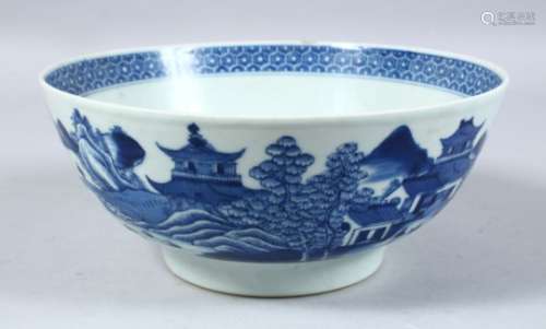 A GOOD CHINESE QIANLONG BLUE & WHITE PORCELAIN BOWL, the bowl decorated with native landscape scenes