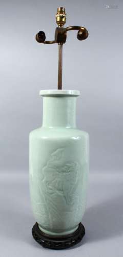 A CHINESE LATE 19TH CENTURY CELADON MOULDED PORCELAIN VASE / LAMP, the body moulded with