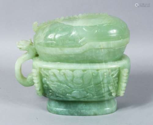 A LARGE 19TH / 20TH CENTURY CARVED JADE POT & COVER, carved in the form of a sauce boat, with a