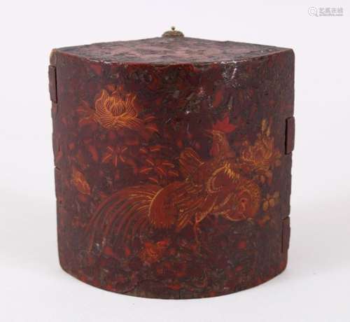 A GOOD JAPANESE EDO PERIOD LACQUER FAN SHAPED INK BOX, decorated with cockerals, the box with two