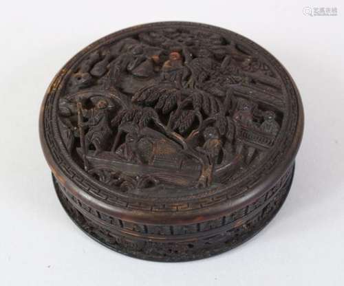 A GOOD 19TH CENTURY CHINESE CARVED TORTOISESHELL BOX AND COVER, the box carved in deep relief to