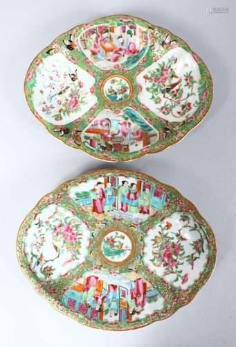 A GOOD PAIR OF 19TH CENTURY CHINESE CANTON FAMILLE ROSE PORCELAIN DISHES, the dishes decorated