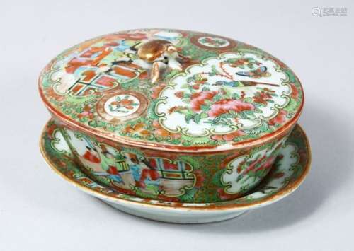 A 19TH CENTURY CHINESE CANTON FAMILLE ROSE PORCELAIN BOX COVER & TRAY, the body of the three