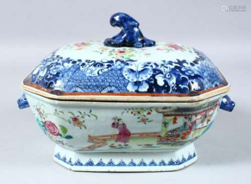 AN 18TH CENTURY QIANLONG FAMILLE ROSE / MANDARIN PORCELAIN TUREEN & COVER, the body of the base with