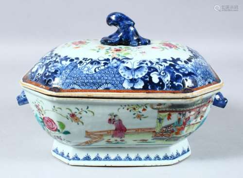 AN 18TH CENTURY QIANLONG FAMILLE ROSE / MANDARIN PORCELAIN TUREEN & COVER, the body of the base with