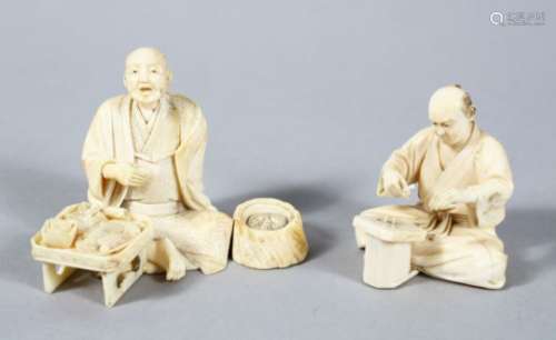 TWO GOOD JAPANESE MEIJI PERIOD CARVED IVORY OKIMONOS, of two artisans, one seated with his tool in