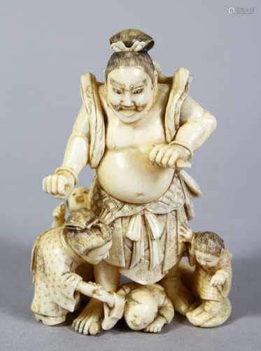 A GOOD QUALITY JAPANESE MEIJI PERIOD CARVED IVORY OKIMONO - RAIJIN, the god of thunder stood in