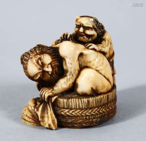 A GOOD JAPANESE MEIJI PERIOD CARVED IVORY NETSUKE OF SHOKI & ONI, shoki rendered leant over a weaved