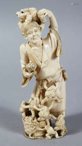 A GOOD JAPANESE MEIJI PERIOD CARVED IVORY OKIMONO OF GAMMA SENNIN & TOAD, the sennin stood in a