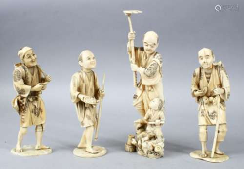 FOUR JAPANESE MEIJI PERIOD CARVED IVORY OKIMONO FIGURES, each depicting a different rendition of