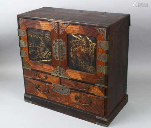 A GOOD JAPANESE MEIJI PERIOD BOXWOOD & LACQUER TABLE CABINET, the cabinet comprising of twin opening