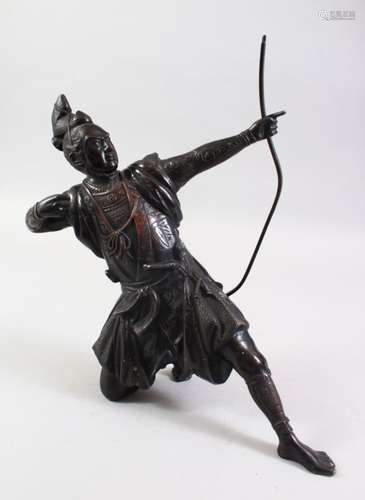 A GOOD JAPANESE MEIJI PERIOD BRONZE OKIMONO OF AN ARCHER, the archer down on one knee shooting his