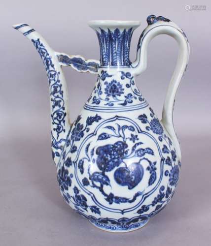 A CHINESE MING STYLE BLUE & WHITE PORCELAIN EWER, the sides decorated with two quatrefoil panels