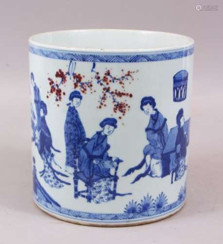 A LARGE CHINESE KANGXI STYLE BLUE & WHITE PORCELAIN BRUSH POT, the body of the pot decorated with