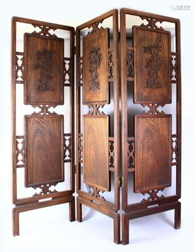 A GOOD CHINESE 19TH / 20TH CENTURY MING STYLE HARDWOOD FOLDING SCREEN, each section of the screen