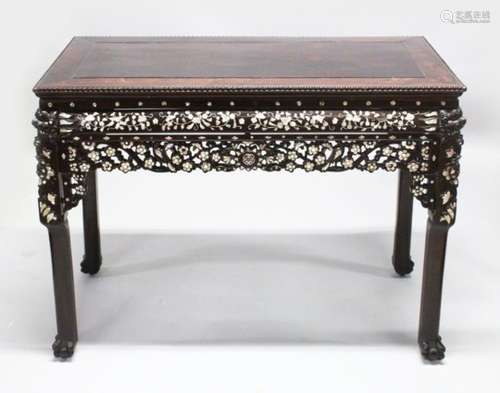 A GOOD 19TH CENTURY CHINESE CARVED HARDWOOD & MOTHER OF PEARL INLAID RECTANGULAR TABLE, the table