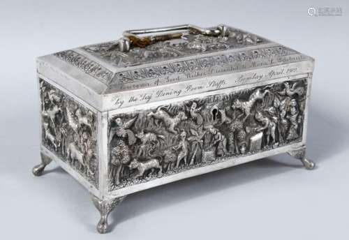 A GOOD 19TH CENTURY INDIAN SILVER CASKET & KEY,the body of the casket depicting scenes of animals