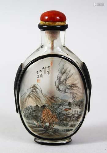 A GOOD 19TH / 20TH CENTURY CHINESE REVERSE PAINTED GLASS SNUFF BOTTLE, with moulded overlay