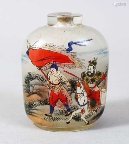 A GOOD 19TH / 20TH CENTURY CHINESE REVERSE PAINTED GLASS SNUFF BOTTLE, the painted scenes