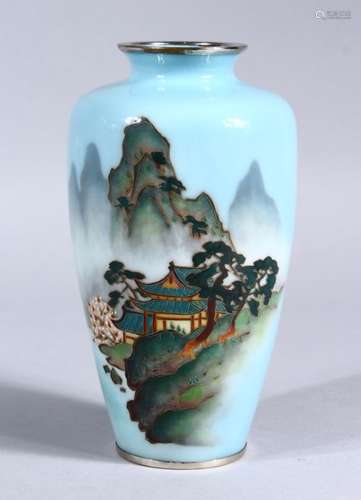 A GOOD JAPANESE TAISHO / SHOWA PERIOD CLOISONNE VASE, the body of the vase with a pale blue ground