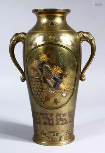 A GOOD JAPANESE MEIJI PERIOD BRONZE & MIXED METAL TWIN HANDLE VASE, the body of the vase with tin