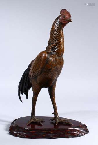 A GOOD JAPANESE MEIJI PERIOD BRONZE OKIMONO OF A COCKEREL BY MASATSUNE, the cockerel stood in a