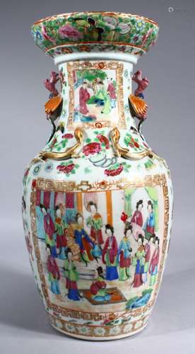 A GOOD 19TH CENTURY CHINESE CANTON FAMILLE ROSE PORCELAIN VASE, the vase with twin moulded phoenix