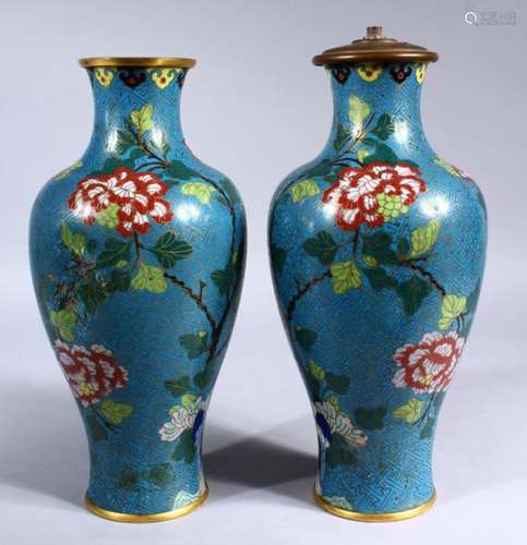 A PAIR OF 19TH / 20TH CENTURY CHINESE CLOISONNE VASES, the vases with a blue ground and decorated in