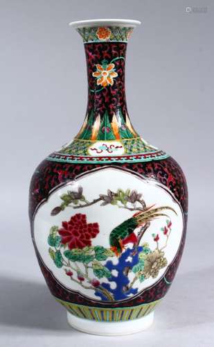 A 19TH / 20TH CENTURY CHINESE FAMILLE ROSE PORCELAIN BOTTLE VASE, the vase decorated with two panels