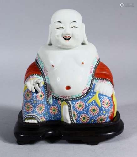 A 19TH CENTURY CHINESE FAMILLE ROSE PORCELAIN FIGURE OF BUDDHA & STAND, the Buddha` in a seated