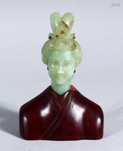 A GOOD 19TH CENTURY CHINESE CARVED JADE BUST OF GUANYIN, the carved jade head inlaid with semi